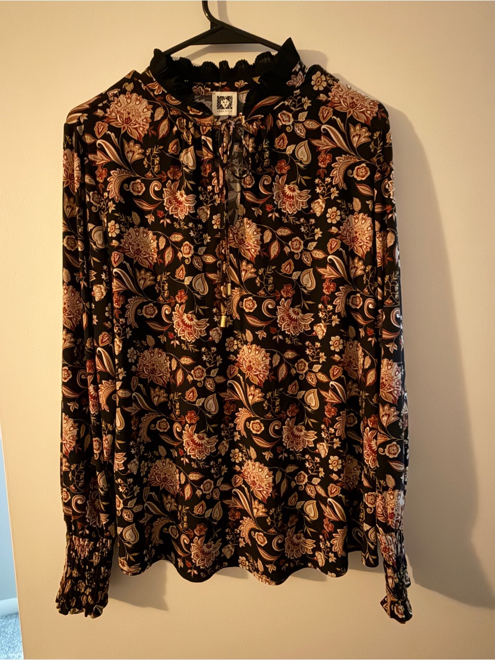 Anne Klein Black Floral Tie-Neck Blouse with Tan Accents